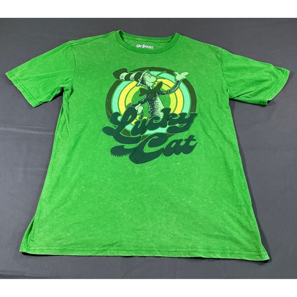 Dr Seuss Mens Cat in the Hat Lucky Cat Green Graphic T-Shirt Small St Patricks